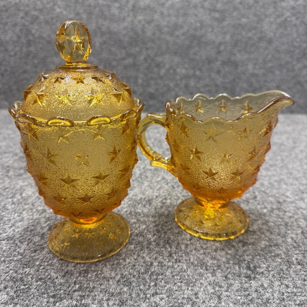 Vintage Amber Glass Sugar and Creamer Set Star Pattern Gold MCM Retro Decor
